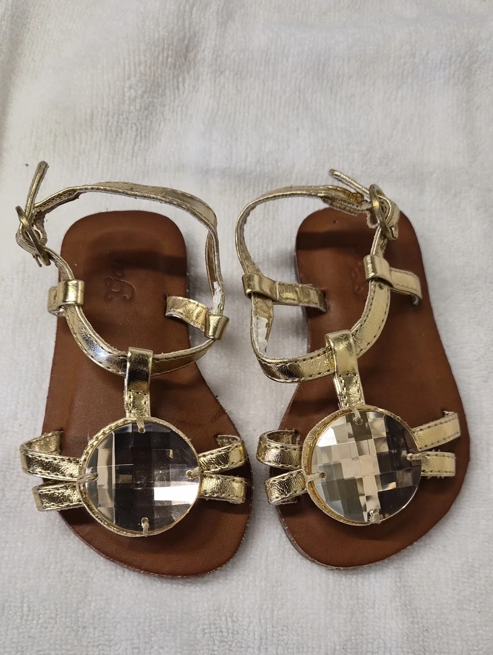 GAP Girls Gold T-Strap Sandals with Clear Crystal Accent